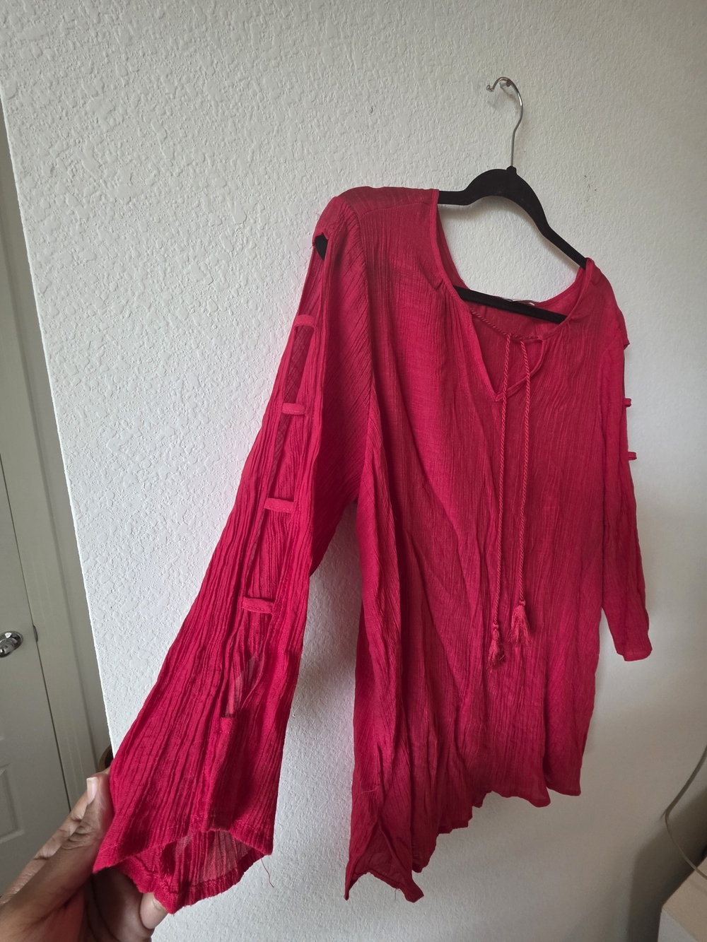 Avenue Bright Red Tunic with Tassel Detail Cutout Sleeves - Picture 6 of 7